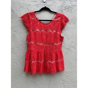 Anthropologie Romantic Glam Whimsy Red Lace Peplum Top Blouse Med